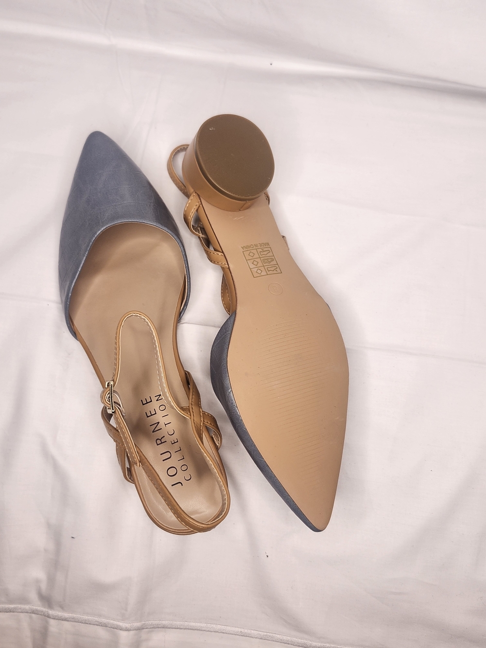 Pointed Slingback Flats in Blue and Tan